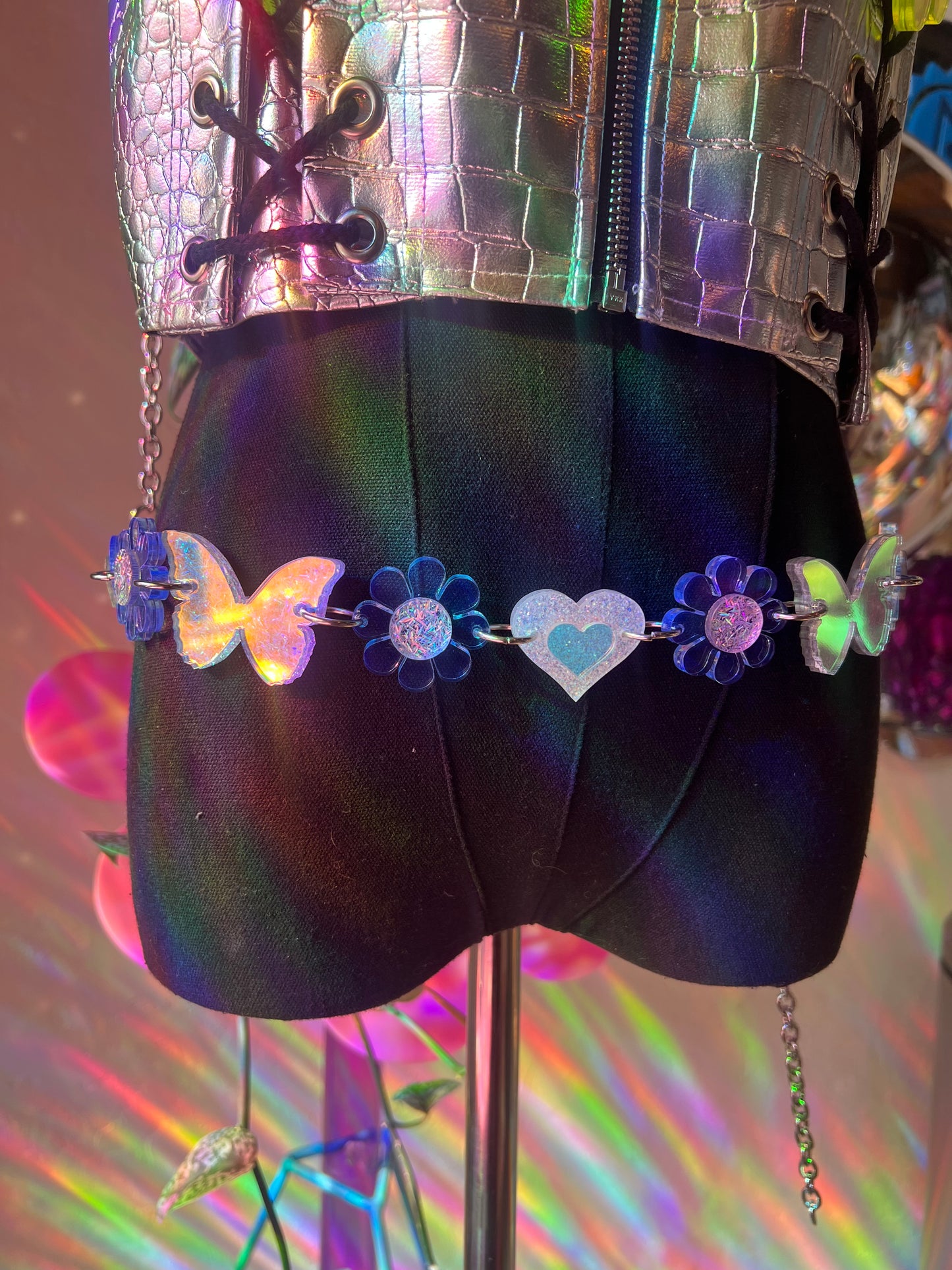 Neon Blue 🦋 Butterfly Flower Power waist Belt (one of a kind) reversible 🌸🦋🌸