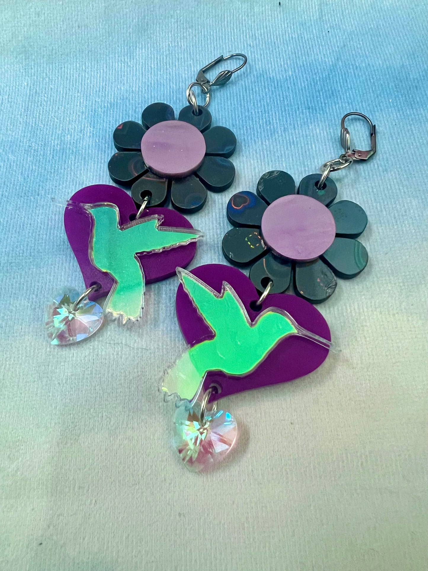 Flower loving Hummingbird Earrings (one of a kind) 💜