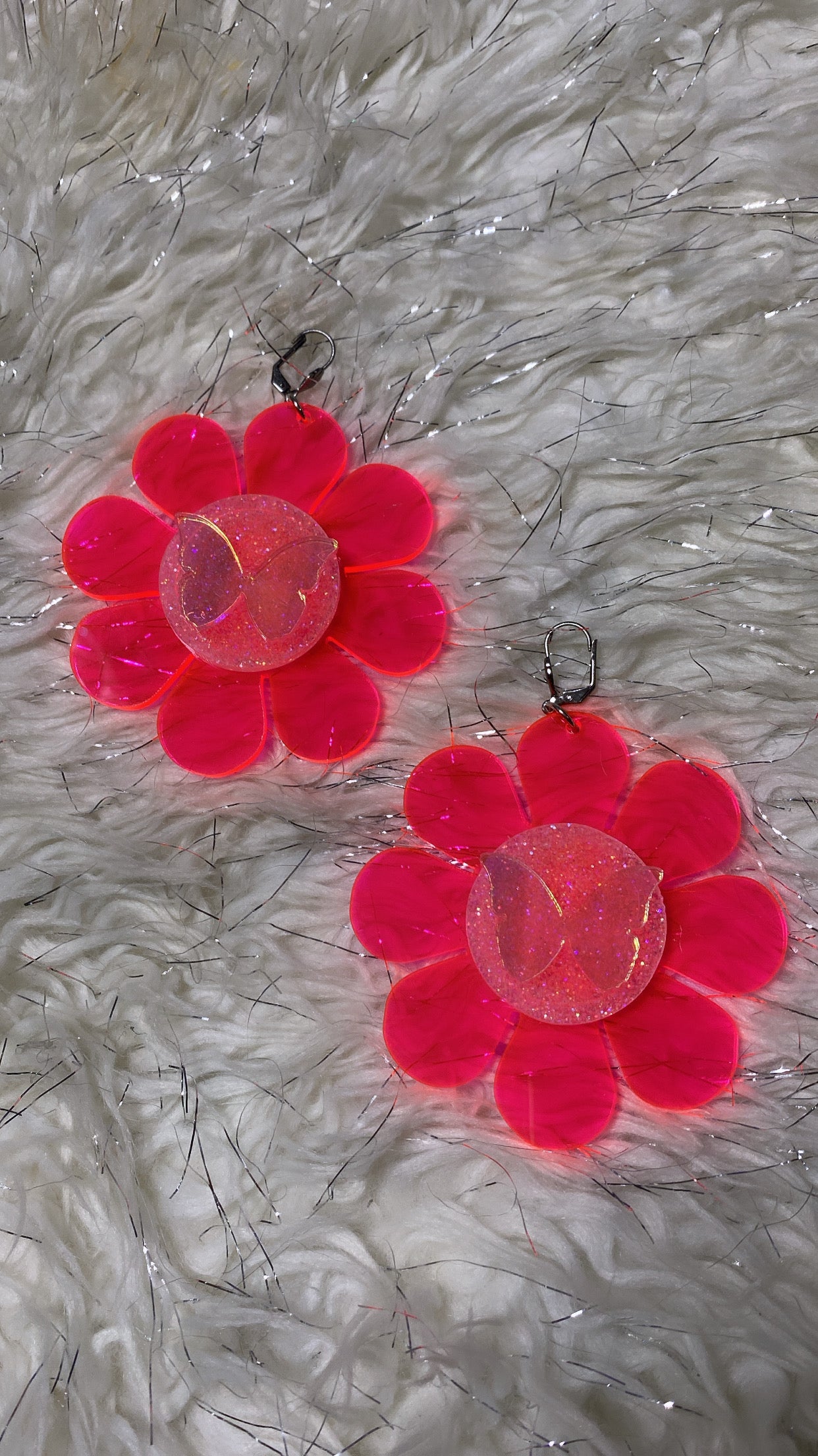 Neon Pink Butterfly Flower Power Earrings