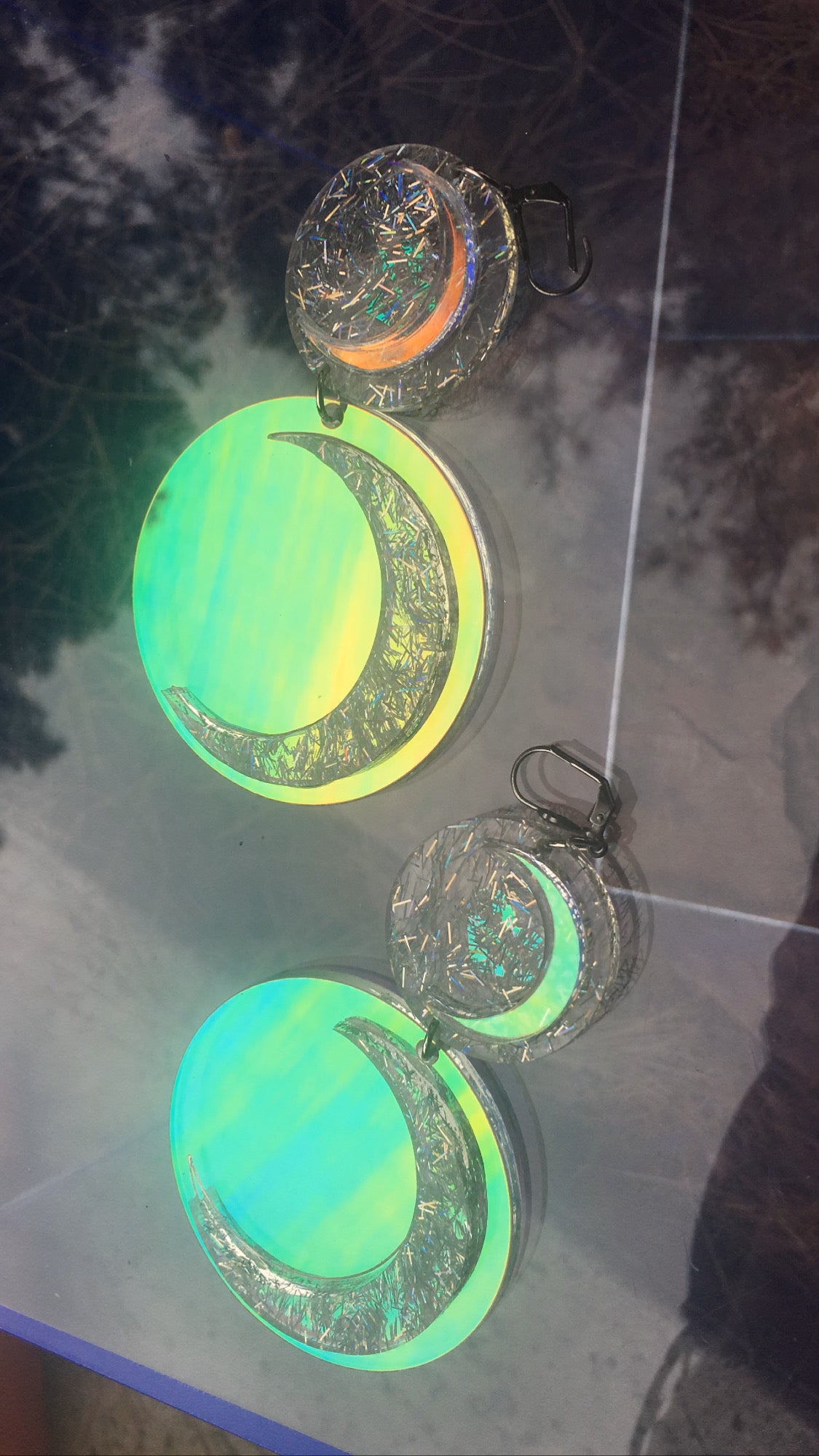 Holographic silver Glitter Double Luna drip Earrings