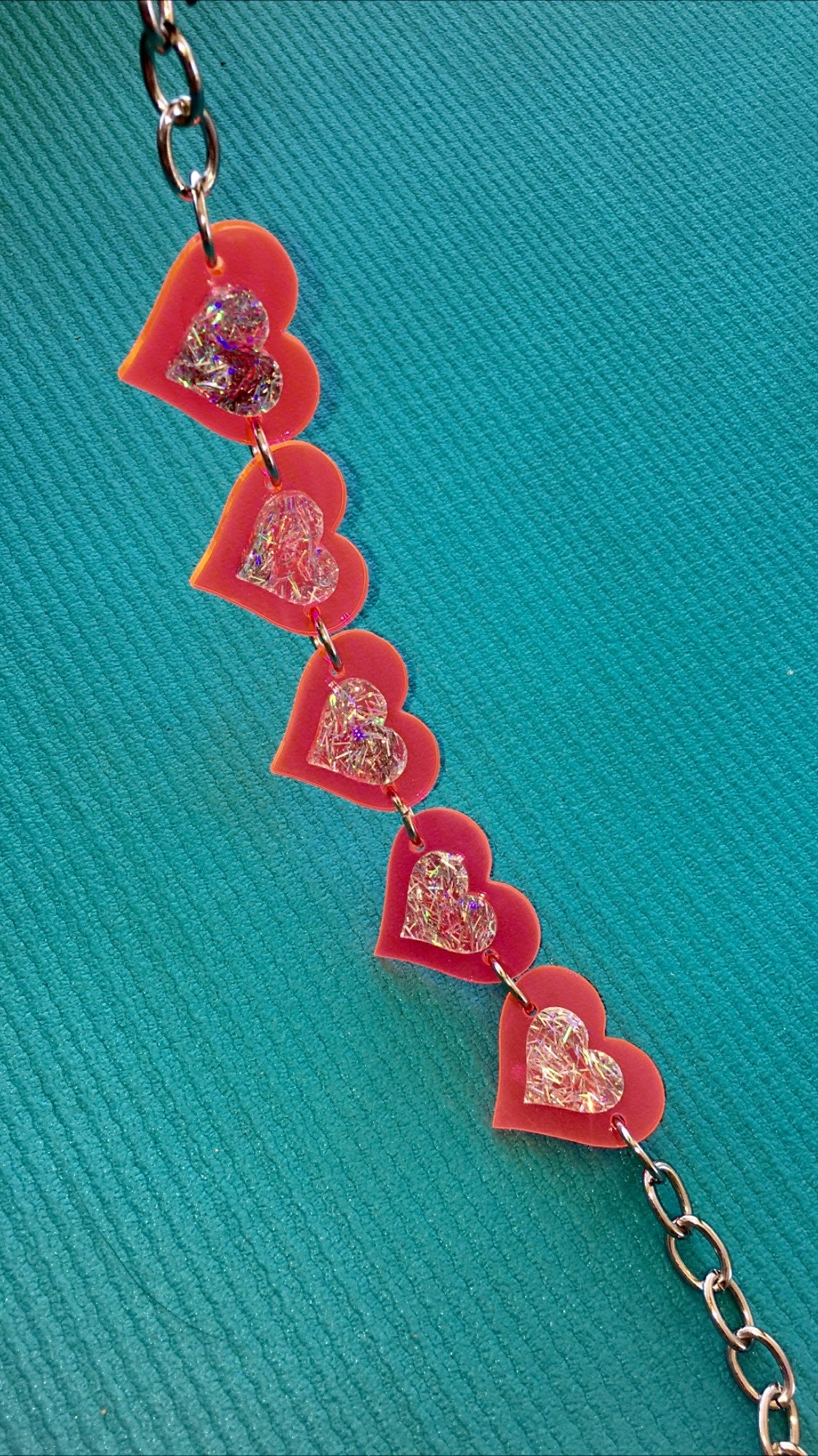 Neon Pink and Silver Sparkle Heart Love Choker