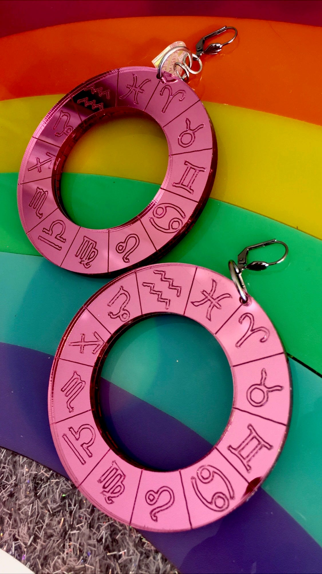 Pink Mirror Zodiac Wheel Earrings