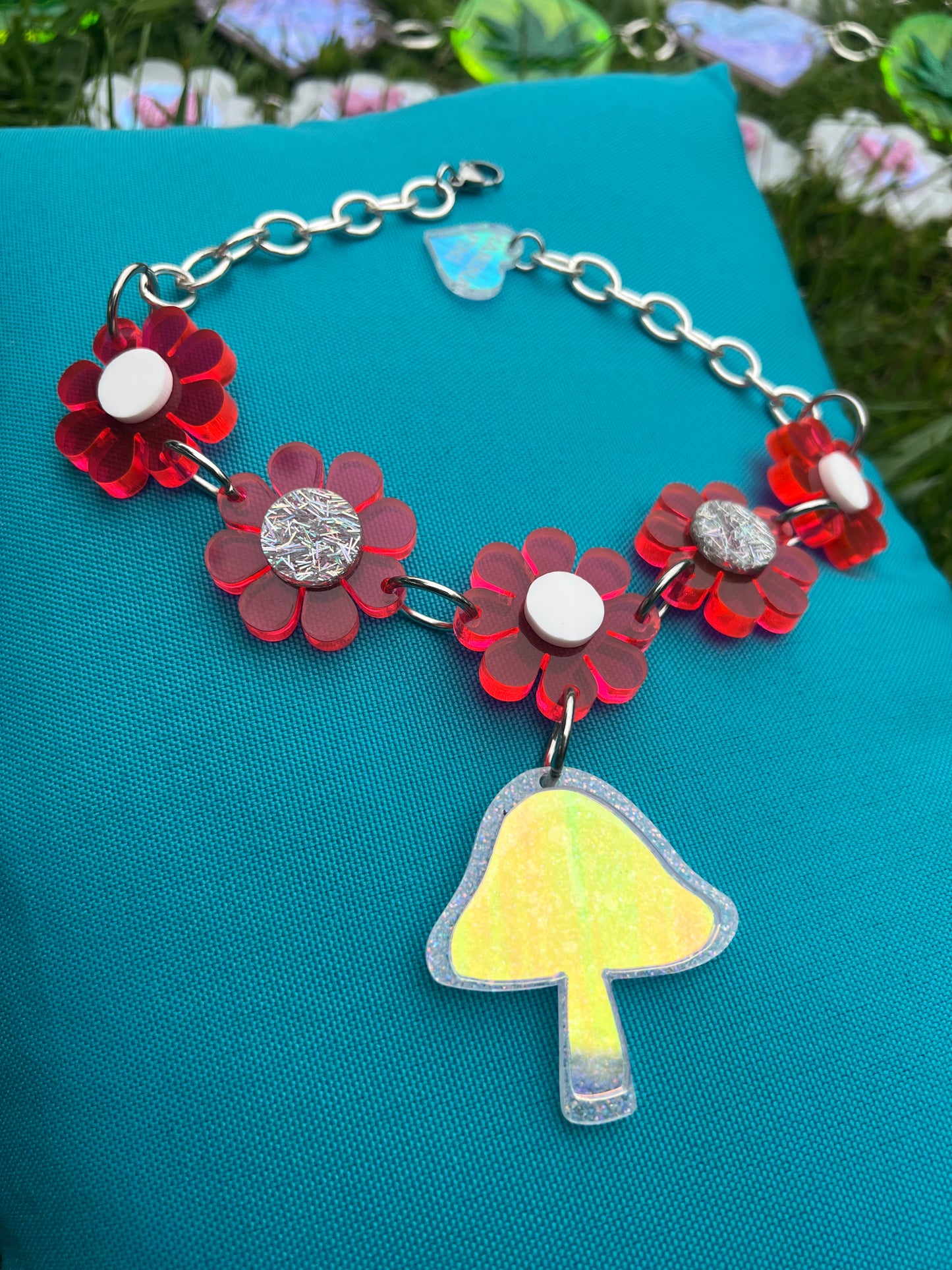 Neon Flower Power Choker with Holographic Mushroom Drip