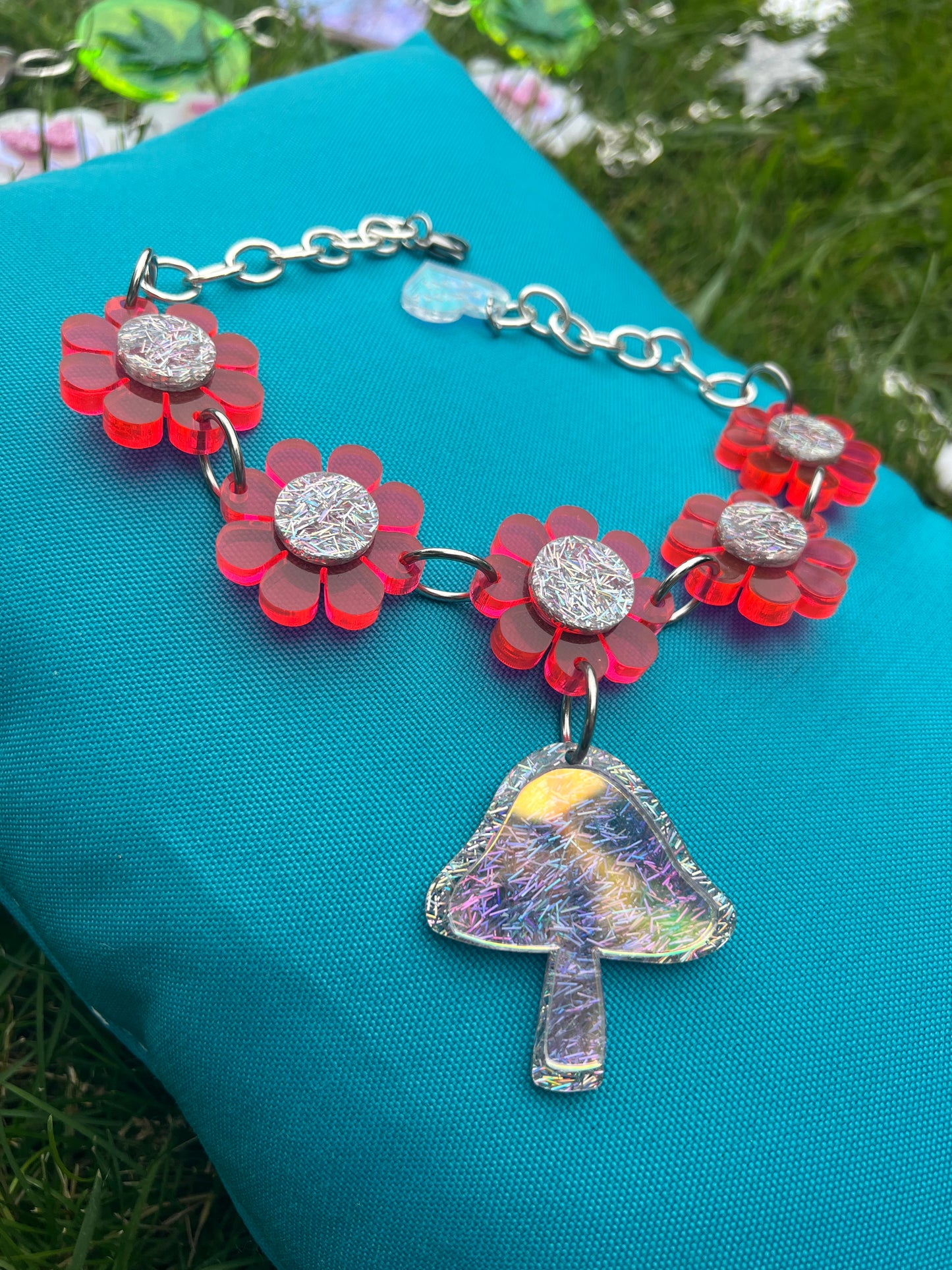 Neon Flower Power Choker with Silver Glitter Mushroom Drip