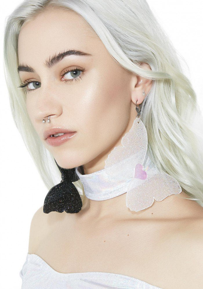 Black And White Heart Butterfly Earrings