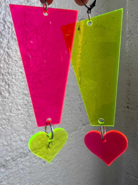 !! Exclamation neon pink & green Earrings