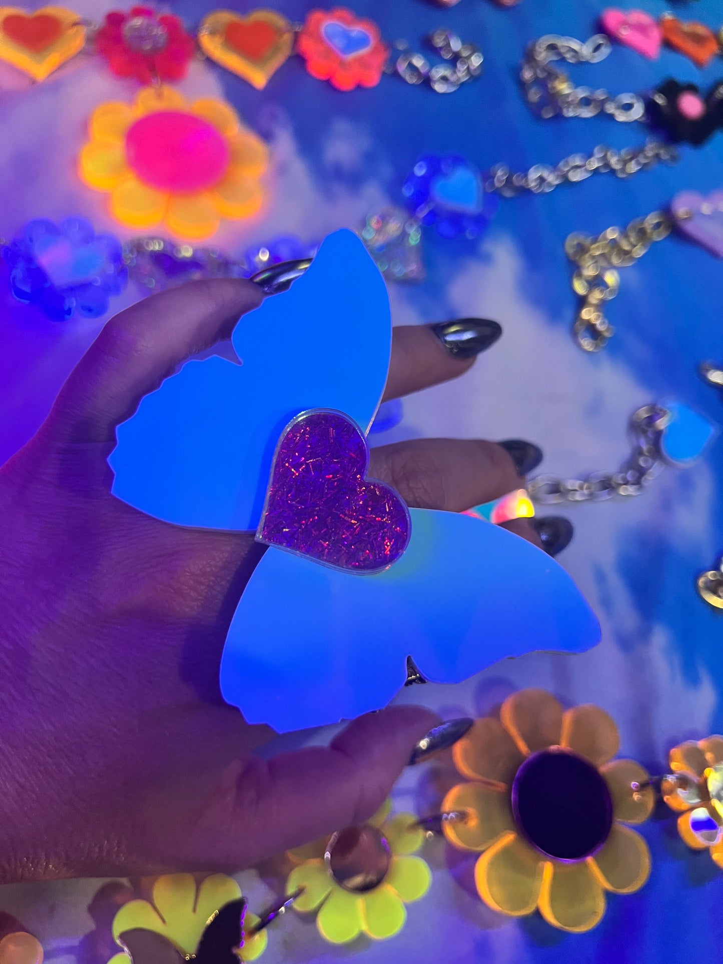Holographic love blue Butterfly Ring