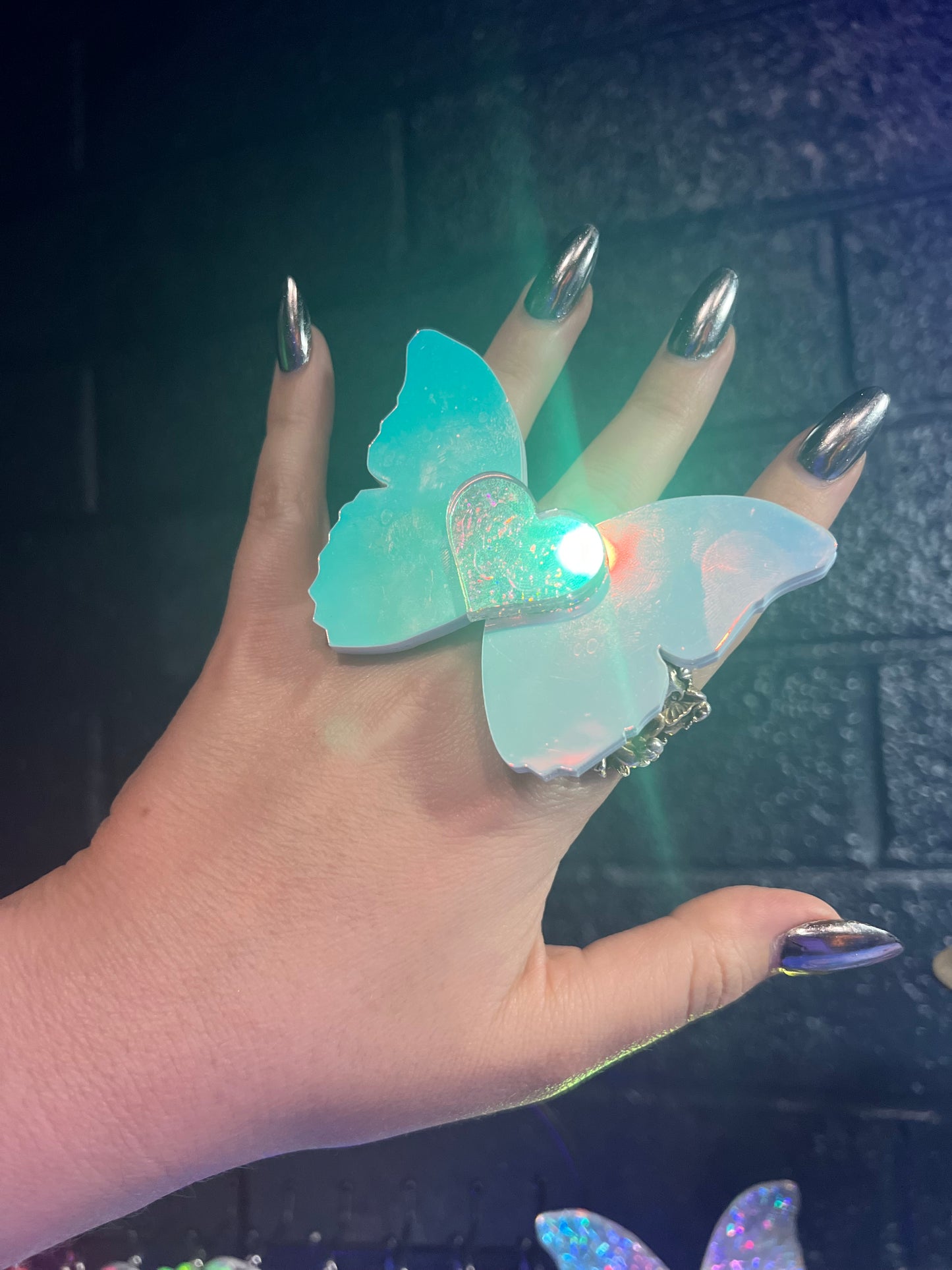 Holographic love blue Butterfly Ring