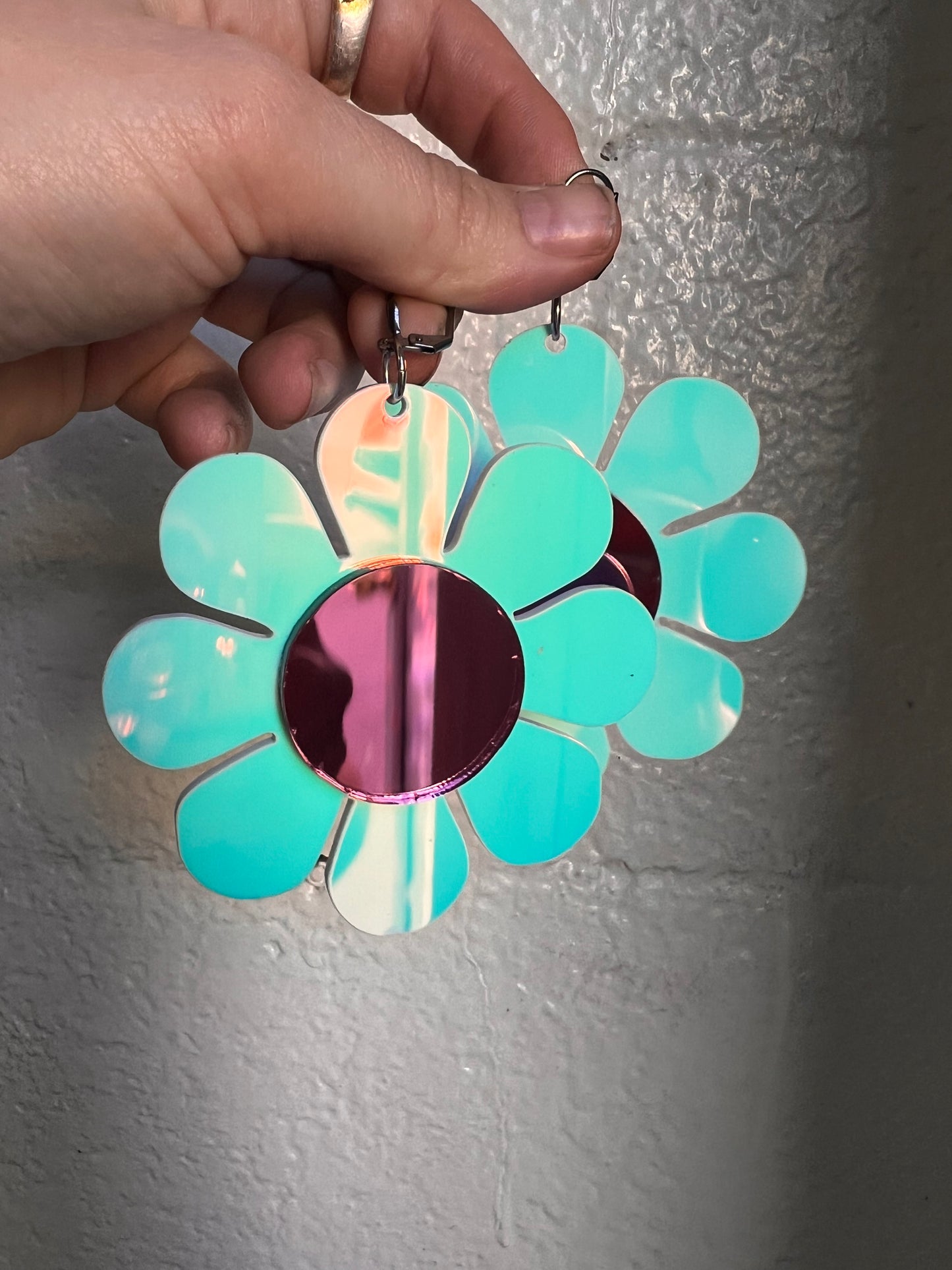 Holographic & pink mirror Flower Power Earrings