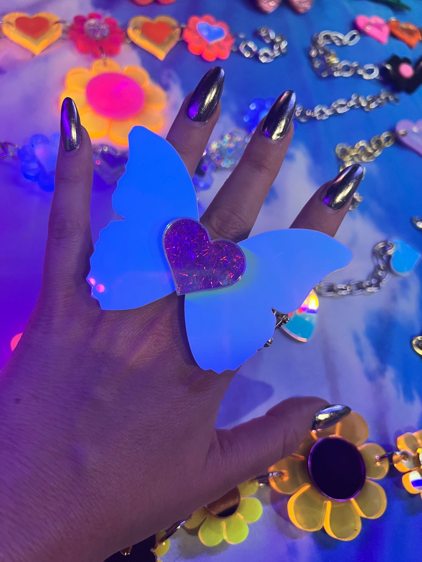 Holographic love blue Butterfly Ring