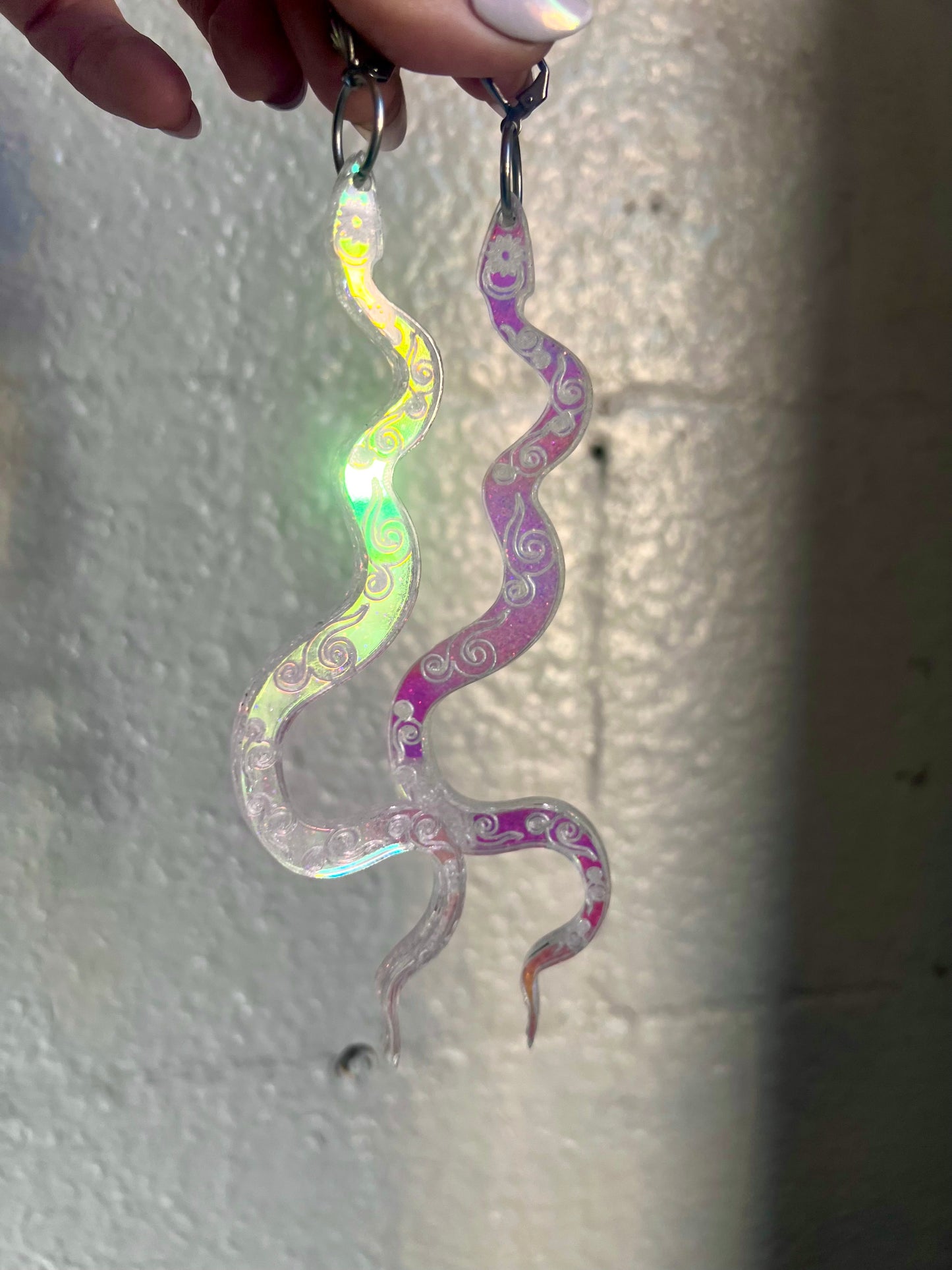 Holographic goddess Snake Earrings
