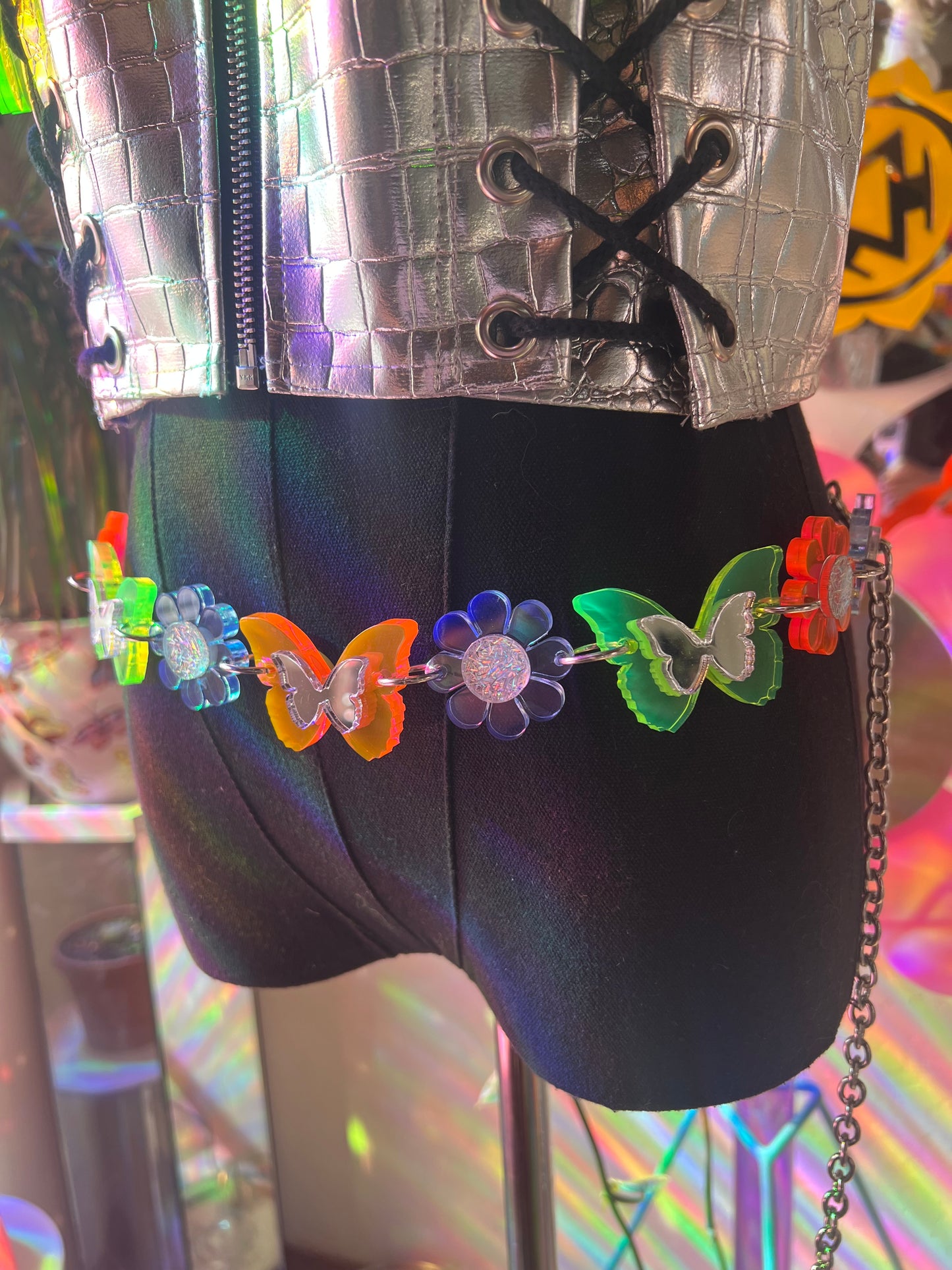 Neon 🦋 Butterfly Flower Power waist Belt (one of a kind) reversible 🌸🦋🌸