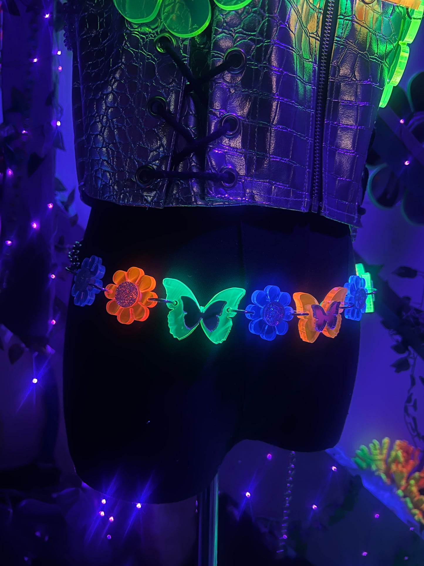 Neon 🦋 Butterfly Flower Power waist Belt (one of a kind) reversible 🌸🦋🌸