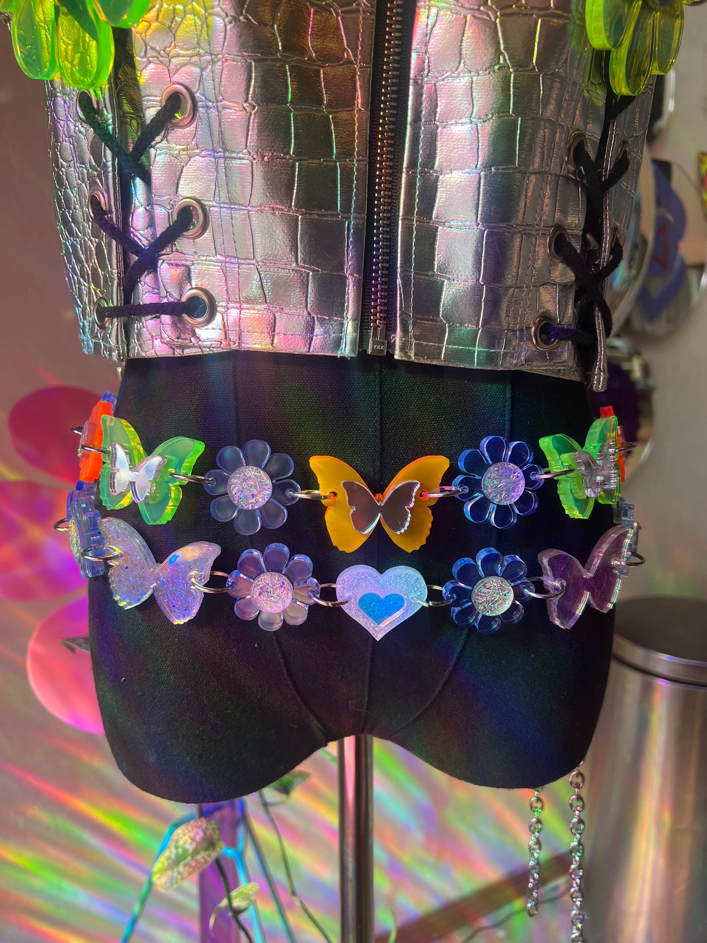 Neon Blue 🦋 Butterfly Flower Power waist Belt (one of a kind) reversible 🌸🦋🌸
