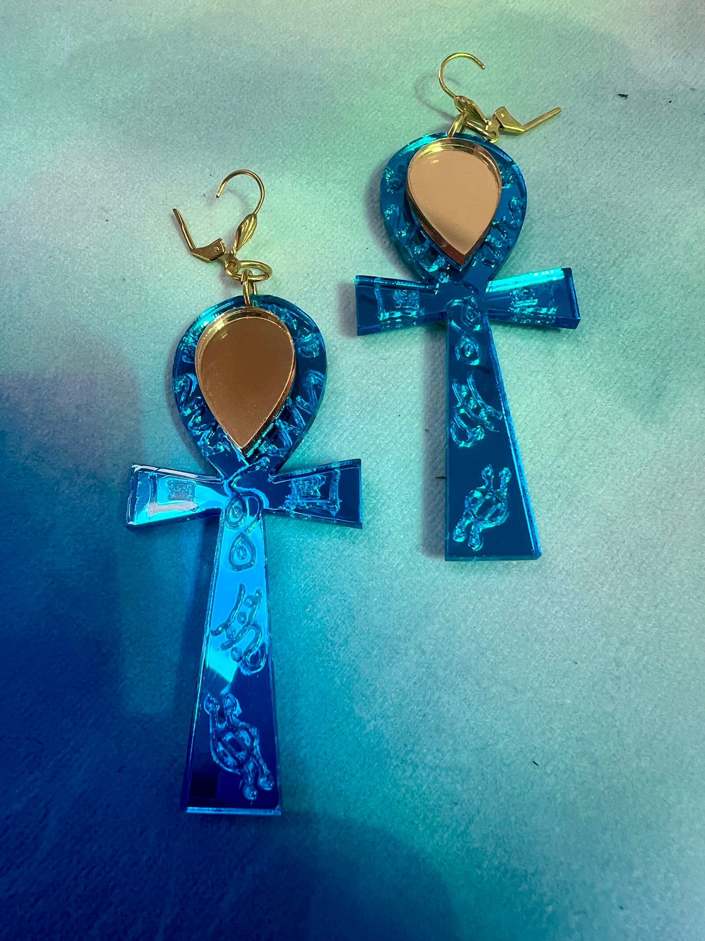 Blue & gold goddess Ankh Earrings