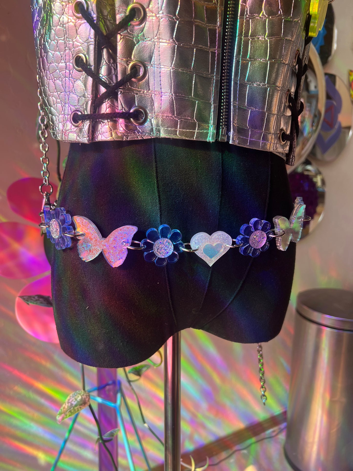 Neon Blue 🦋 Butterfly Flower Power waist Belt (one of a kind) reversible 🌸🦋🌸