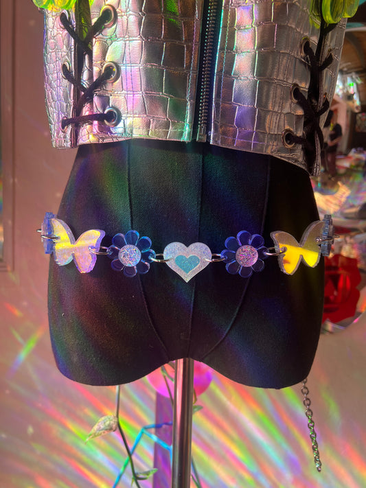 Neon Blue 🦋 Butterfly Flower Power waist Belt (one of a kind) reversible 🌸🦋🌸