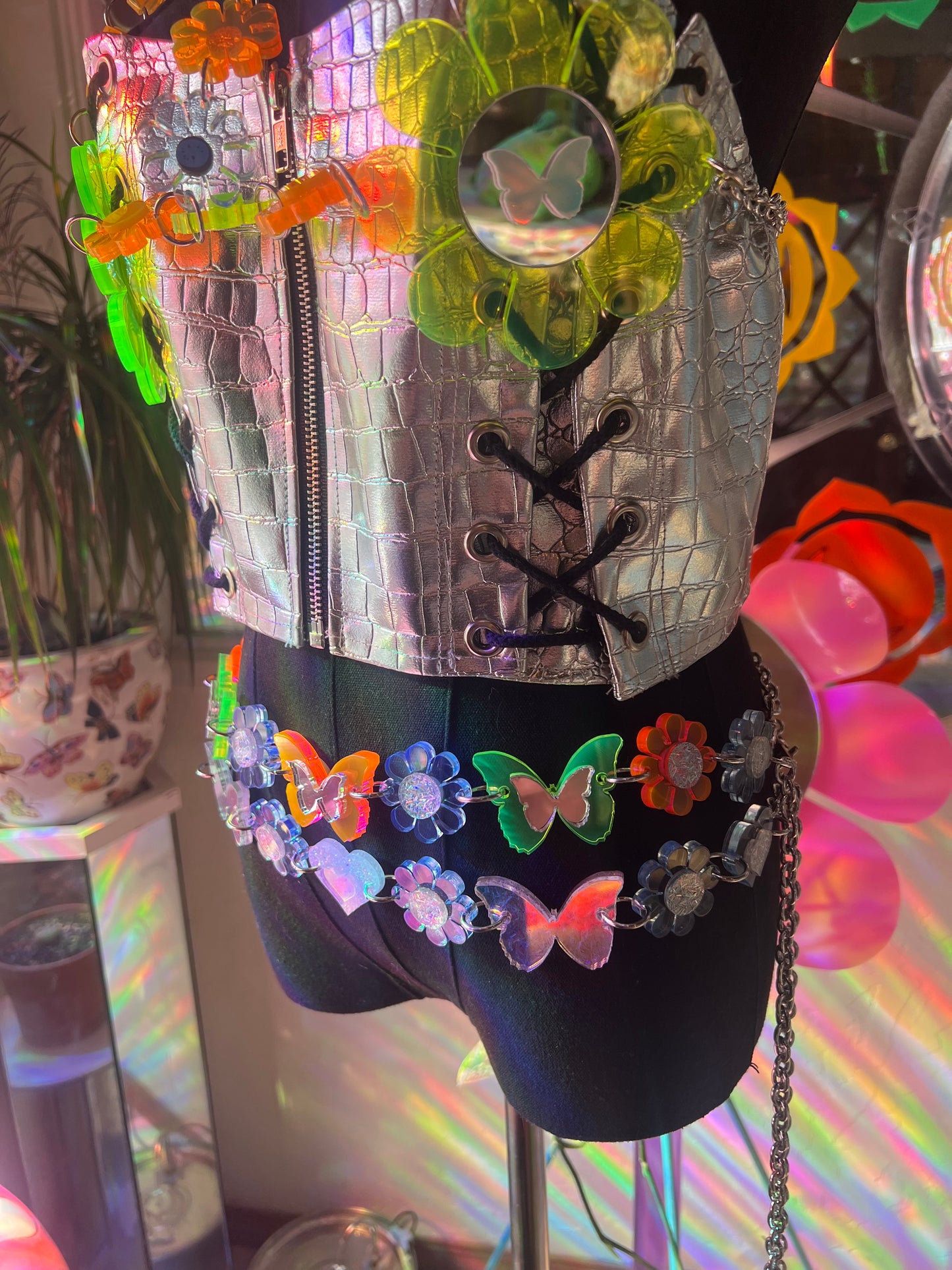 Neon 🦋 Butterfly Flower Power waist Belt (one of a kind) reversible 🌸🦋🌸