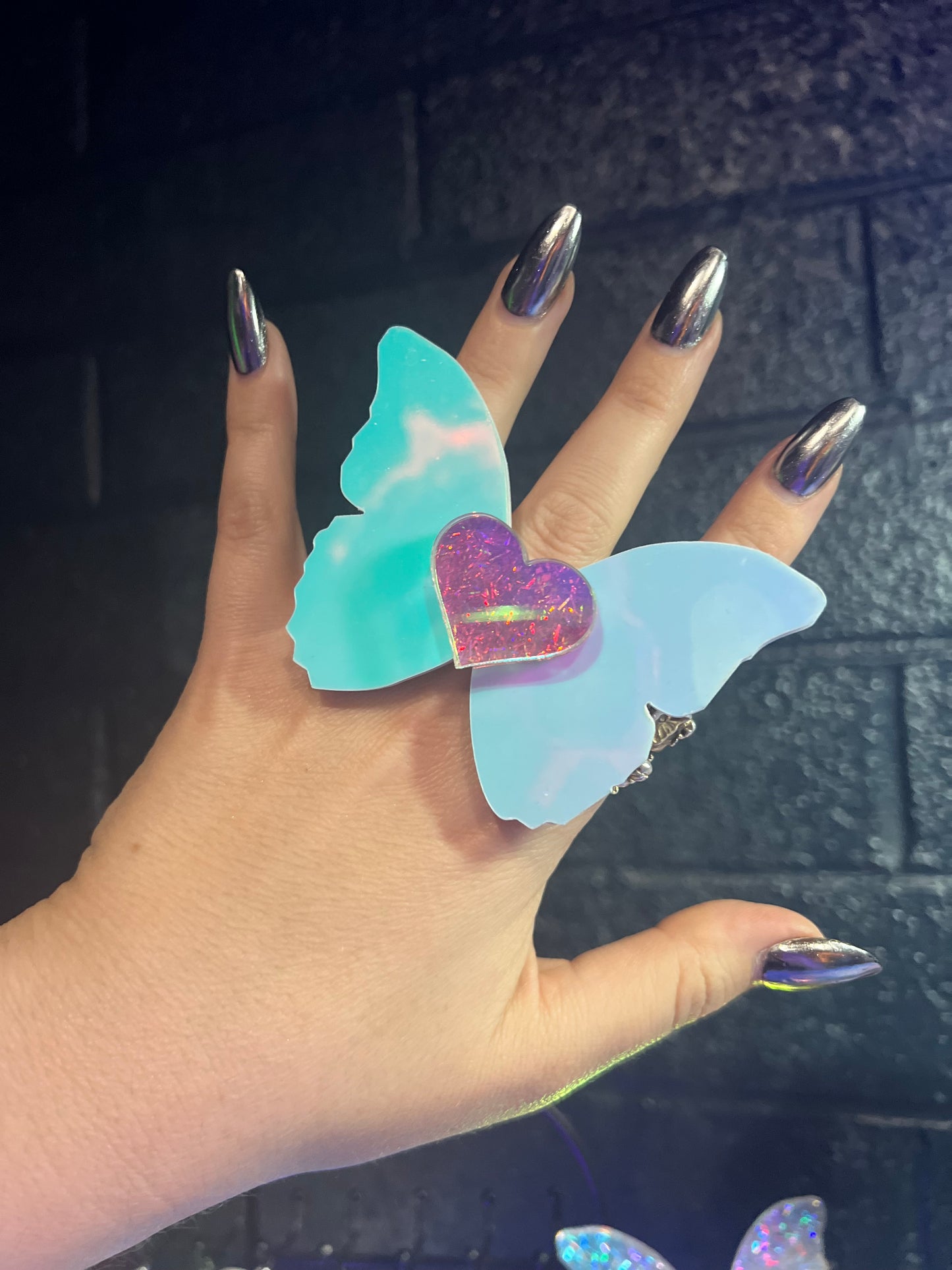 Holographic love blue Butterfly Ring