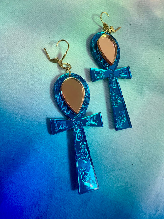 Blue & gold goddess Ankh Earrings