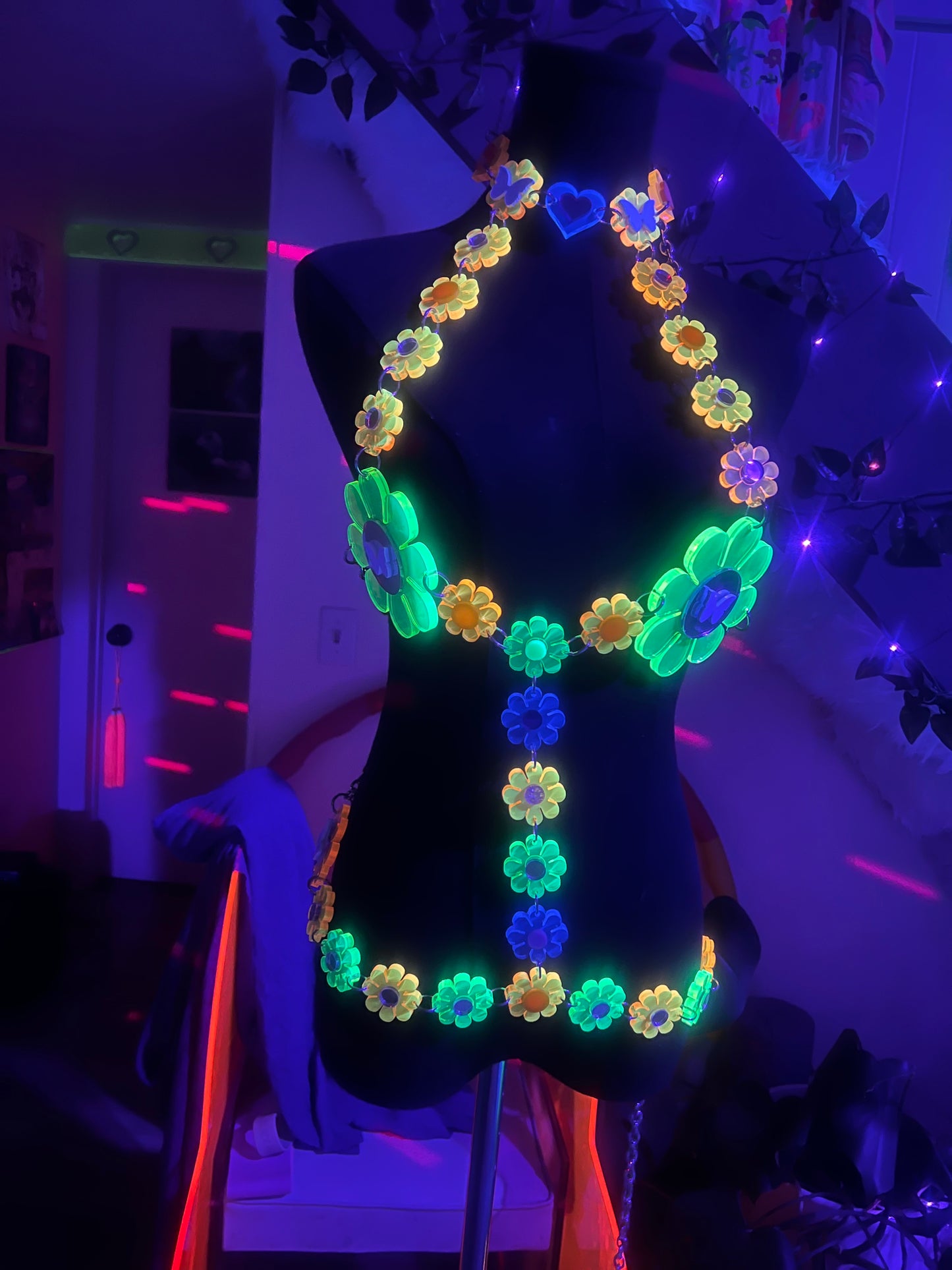 Groovy Baby Neon Flower Power Bra Harness (one of a kind) 🦋🌸🩷