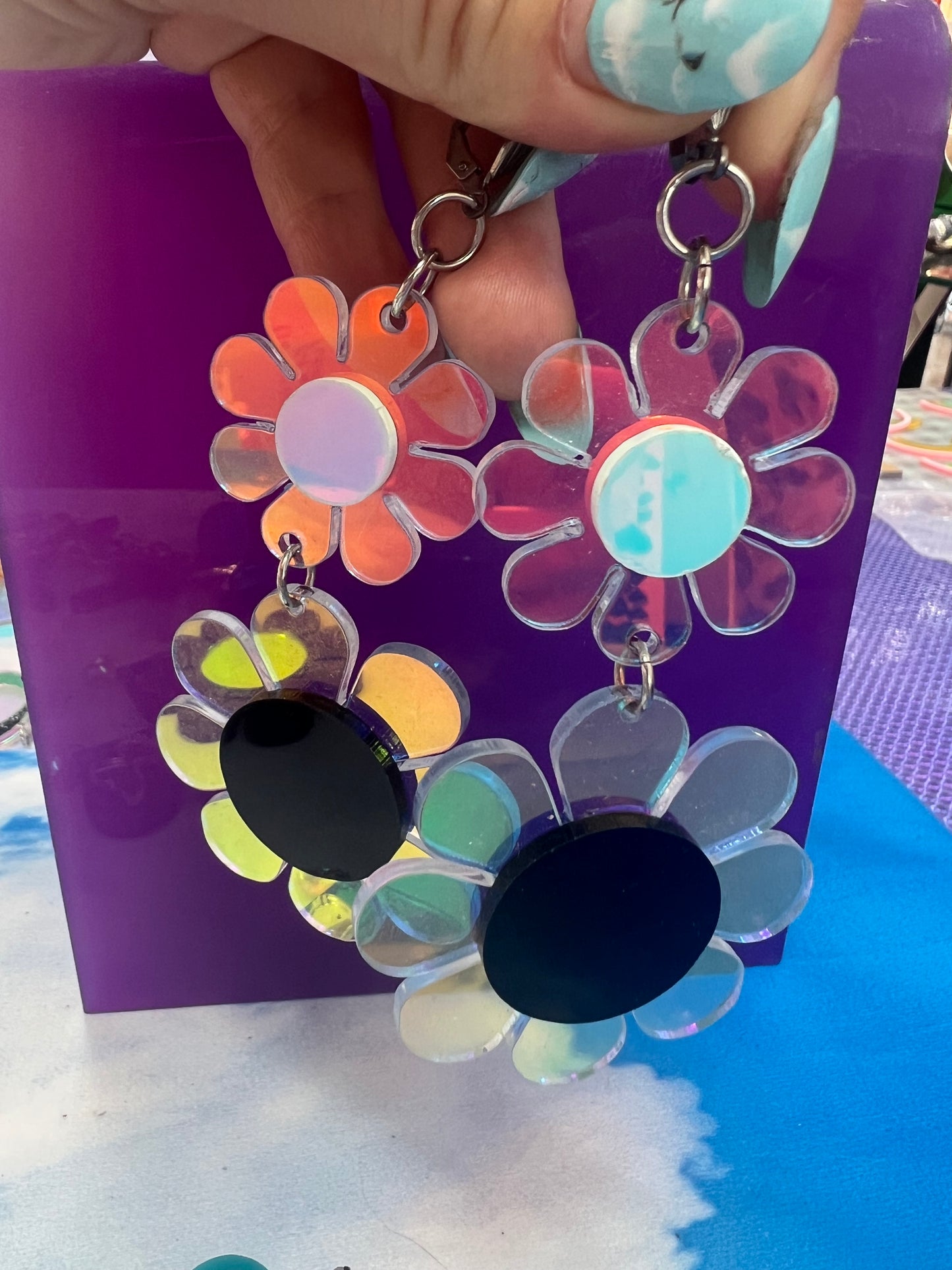 Holographic Flower power drip dangle Earrings 🌸