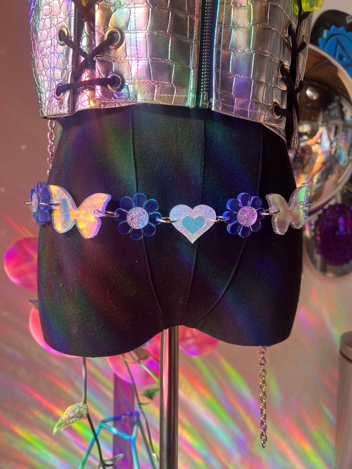 Neon Blue 🦋 Butterfly Flower Power waist Belt (one of a kind) reversible 🌸🦋🌸