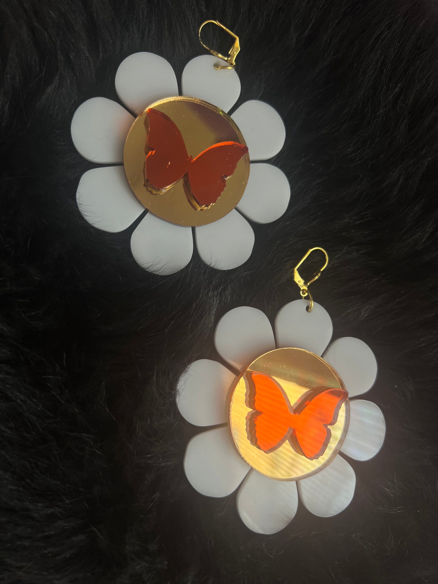 Orange And Gold Flower Power Butterfly Earrings