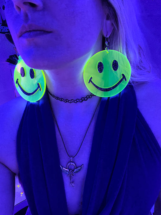 Uv reactive neon green Smiley Face Earrings