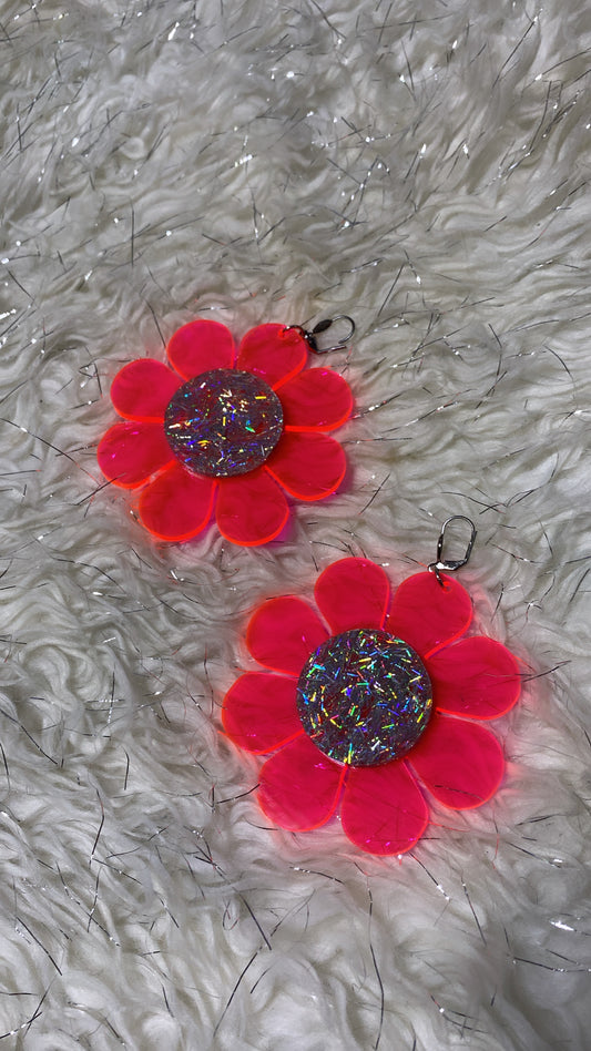 Neon Pink Flower Power Earrings