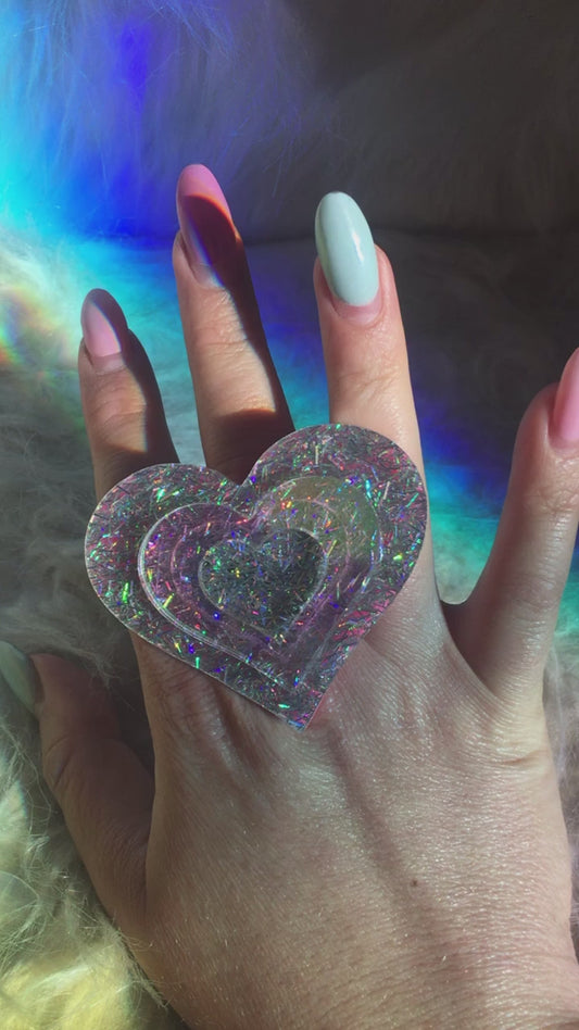 Holographic love Heart Ring