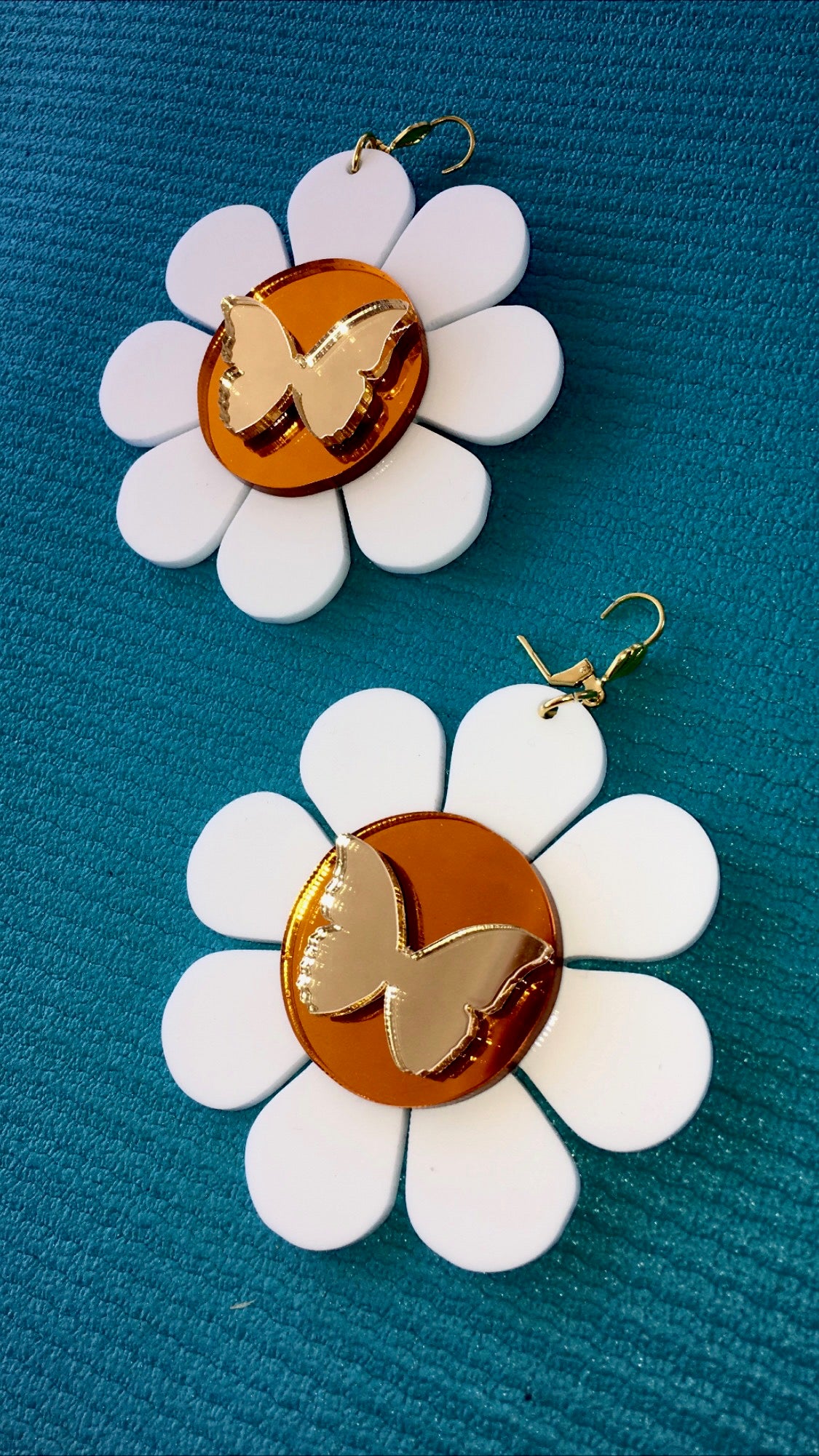 White Orange And Gold Flower Power Butterfly Earrings