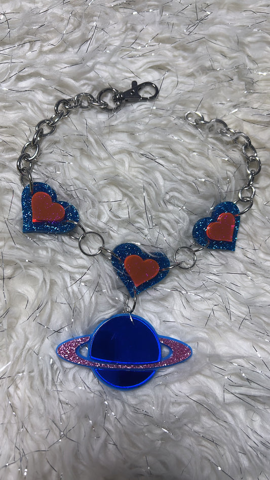 Heart Love Glitter Neon Choker with Blue Saturn Drip