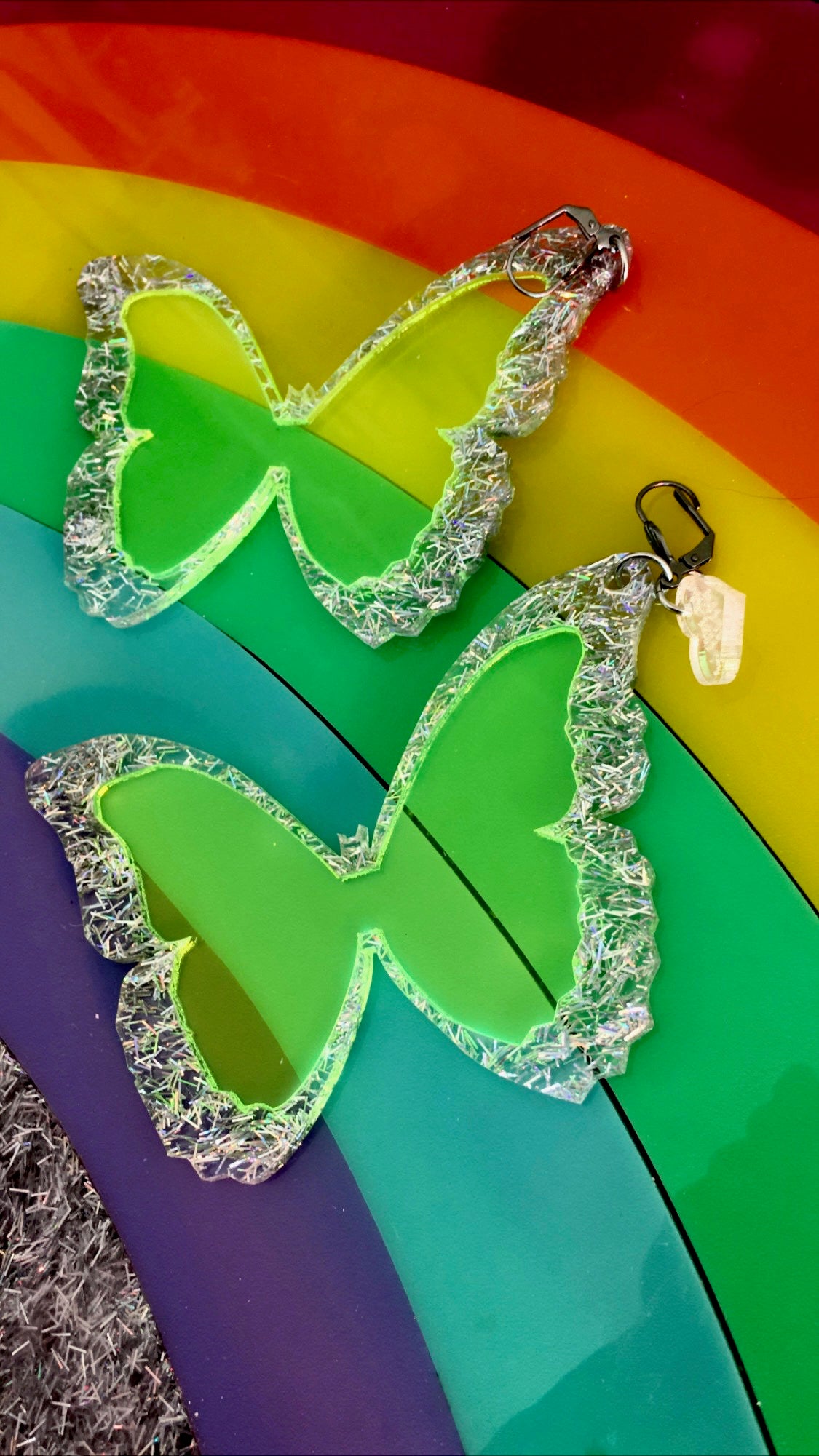 Neon Green and Glitter Butterfly Earrings