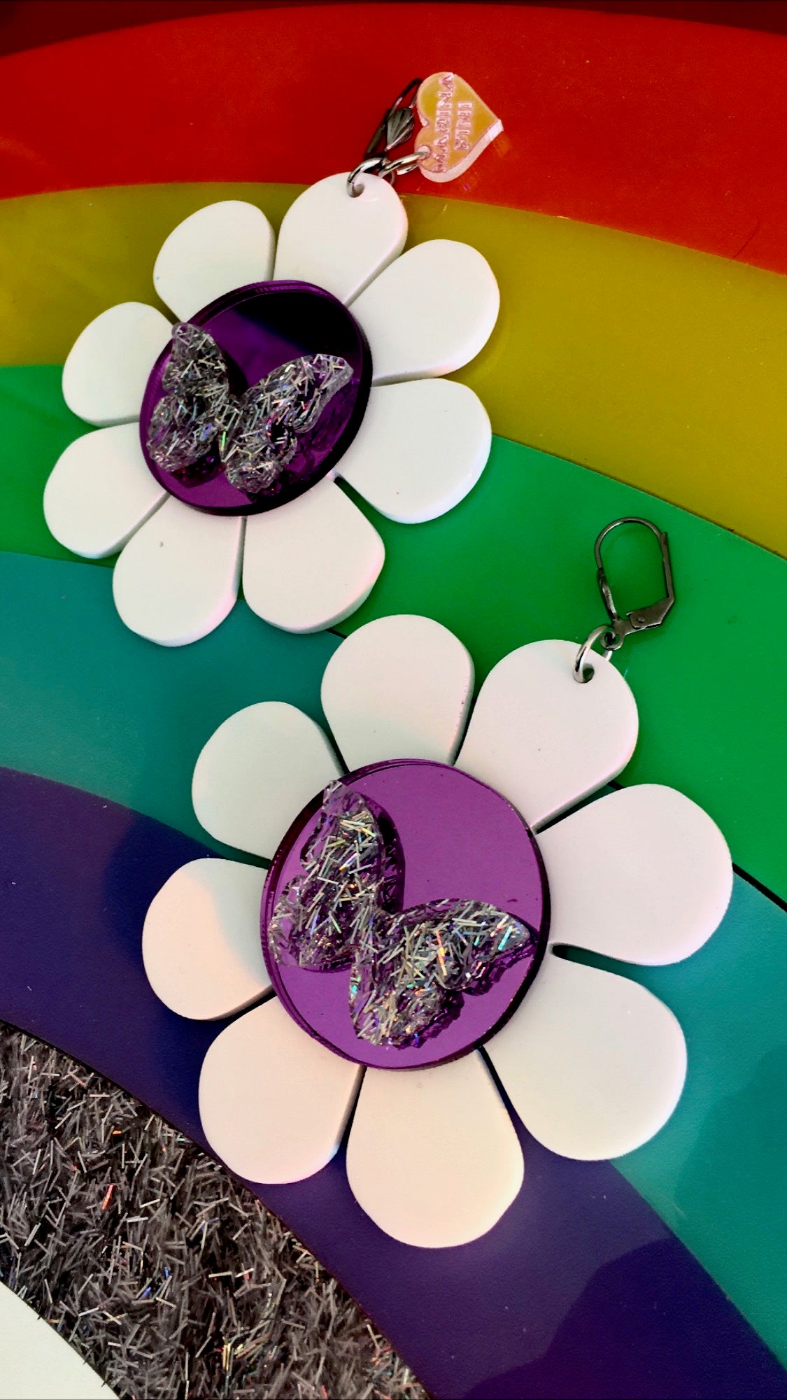 White And Purple Flower Power Butterfly Earrings