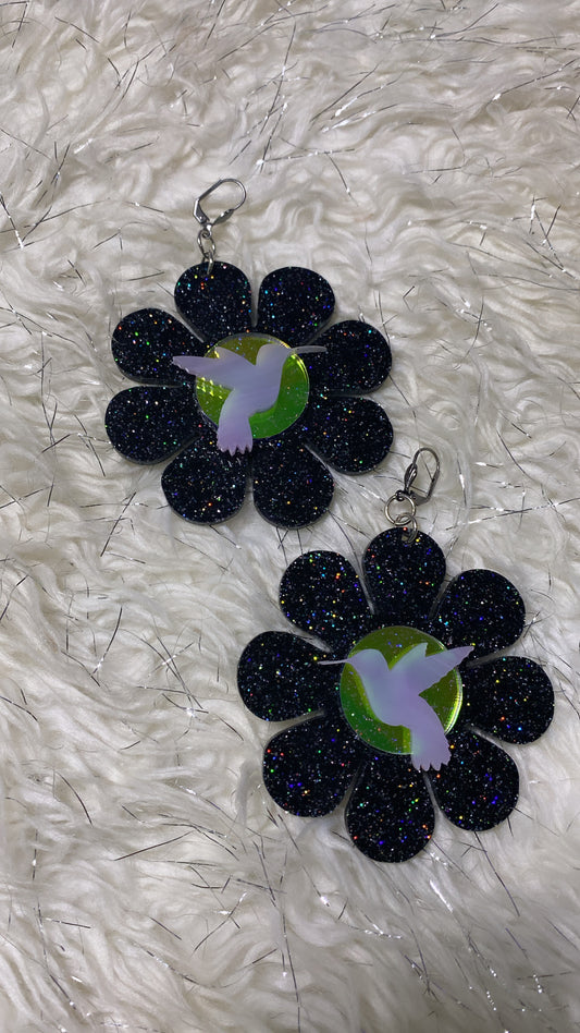 Black Glitter Flower Power Hummingbird Earrings