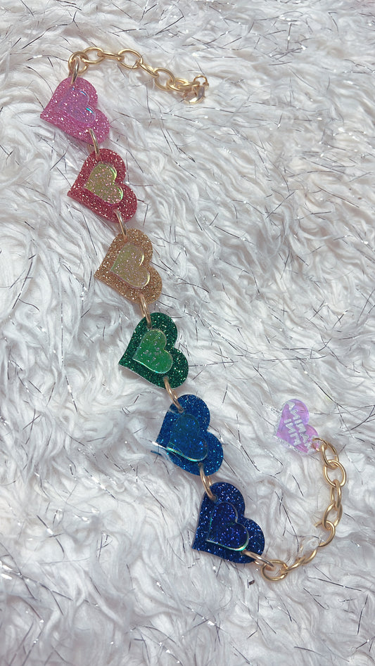Rainbow Glitter Holographic Heart Love Gold Chain Choker