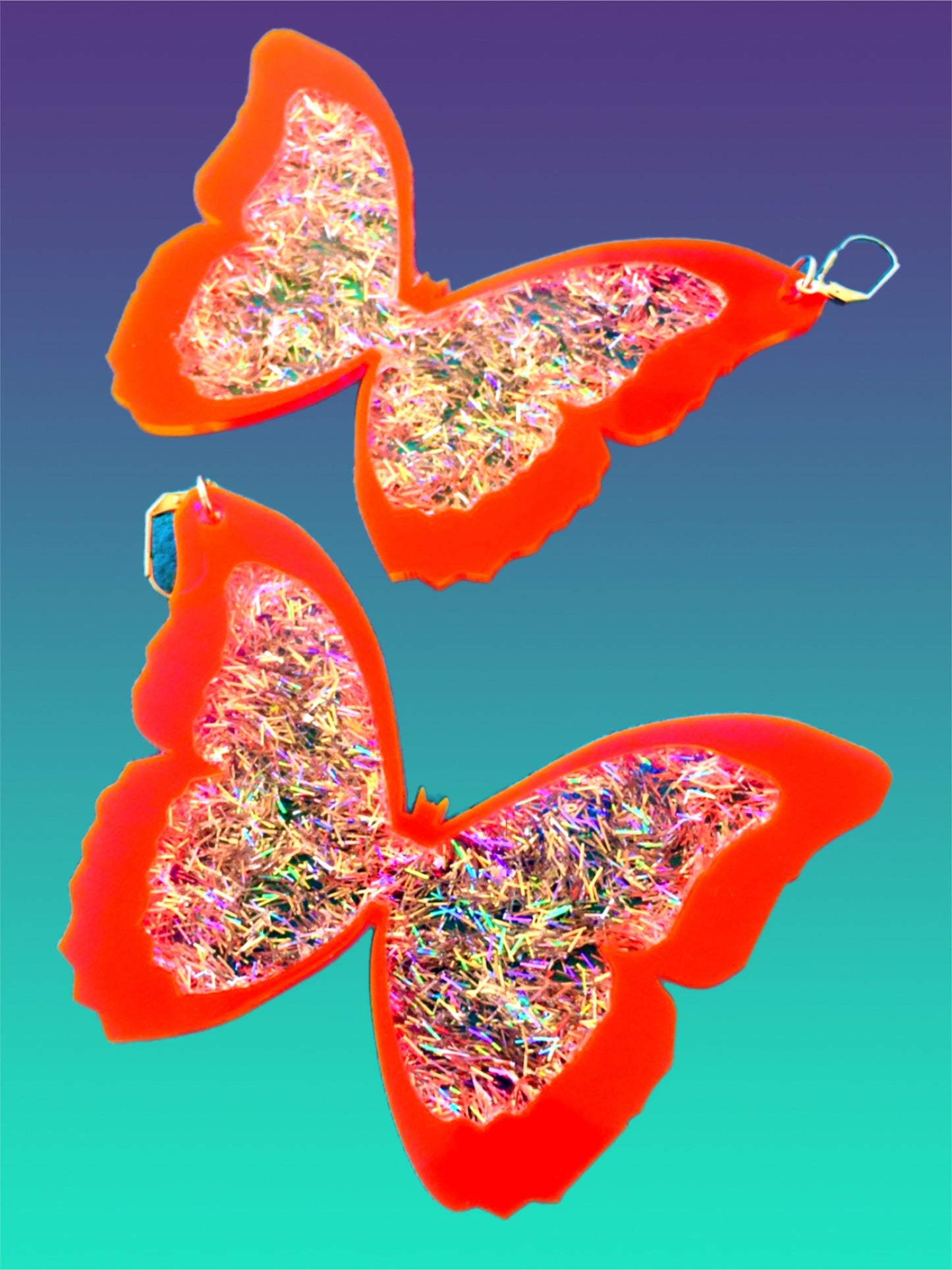Neon Pink And Rainbow Sparkle Butterfly Earrings