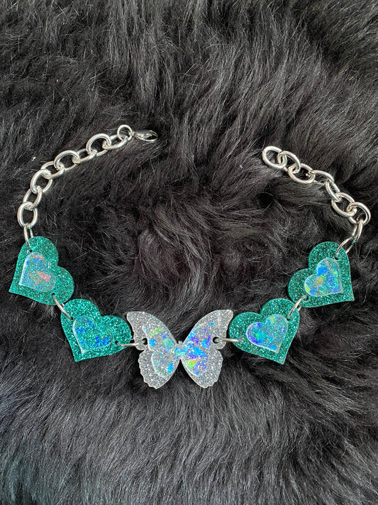 Holographic Butterfly Heart Choker
