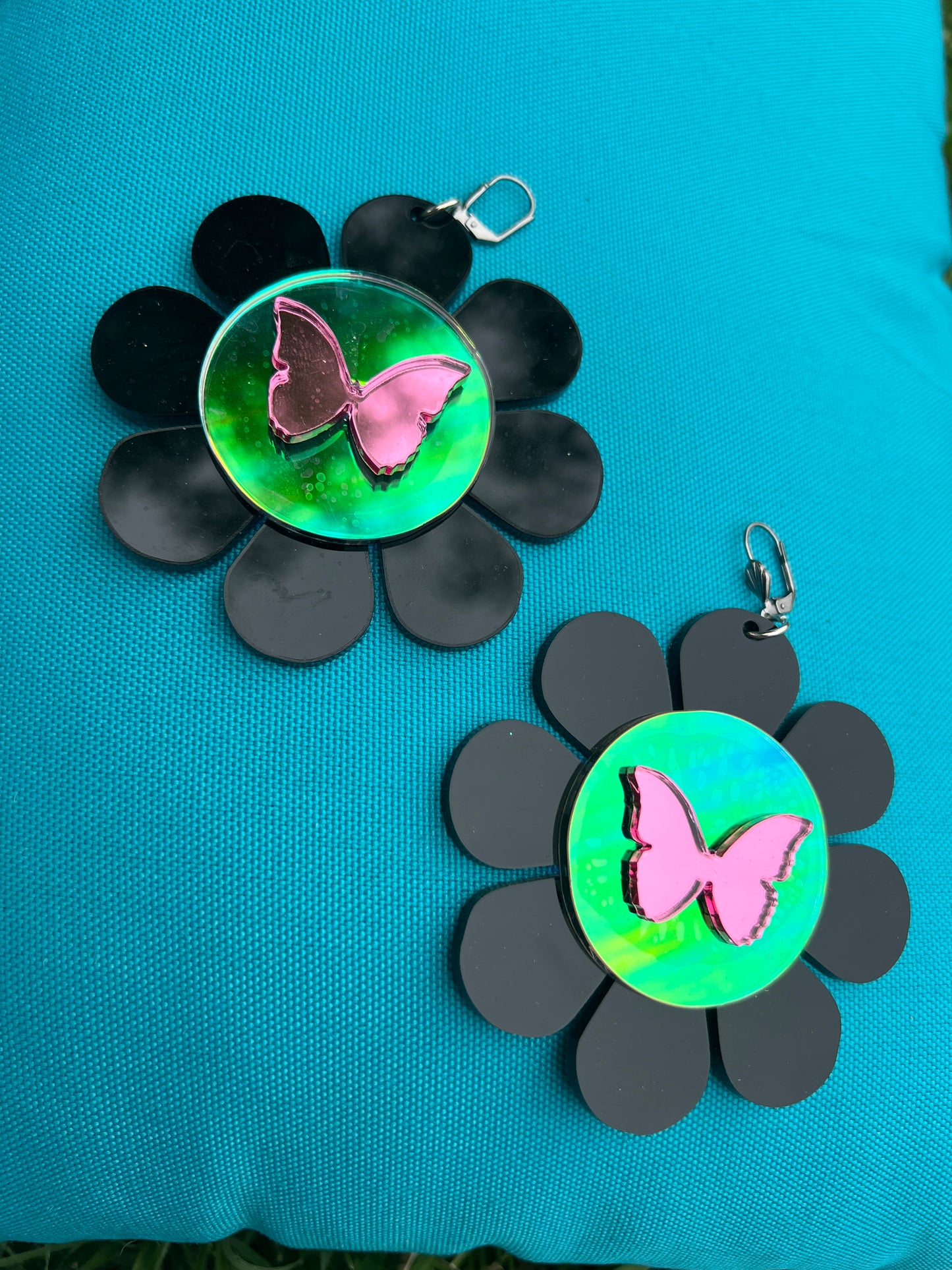 Black And Pink Mirrored Flower Power Butterfly Earrings