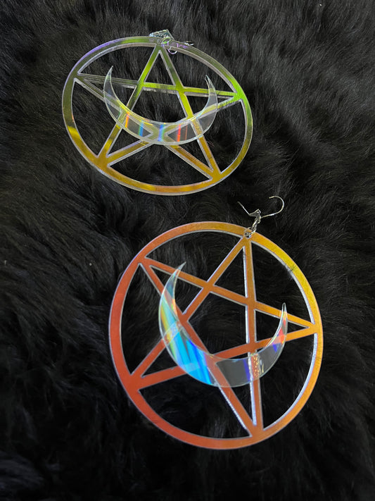 Rainbow holographic Pentacle Luna Earrings