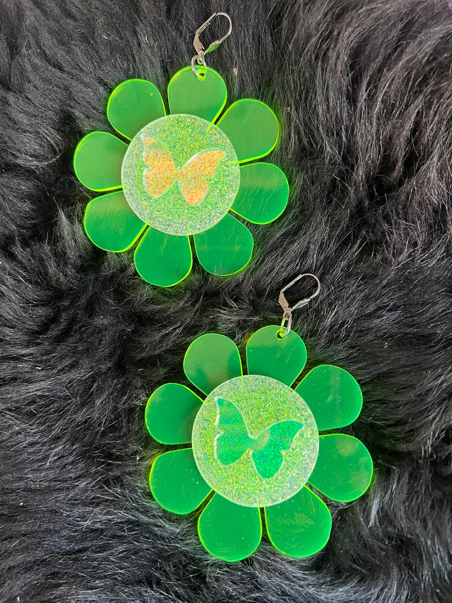 Neon green Butterfly Flower Power Earrings